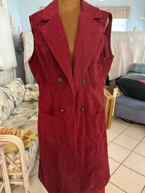 Sleeveless Double-Breasted Corduroy Long Vest - Burgundy